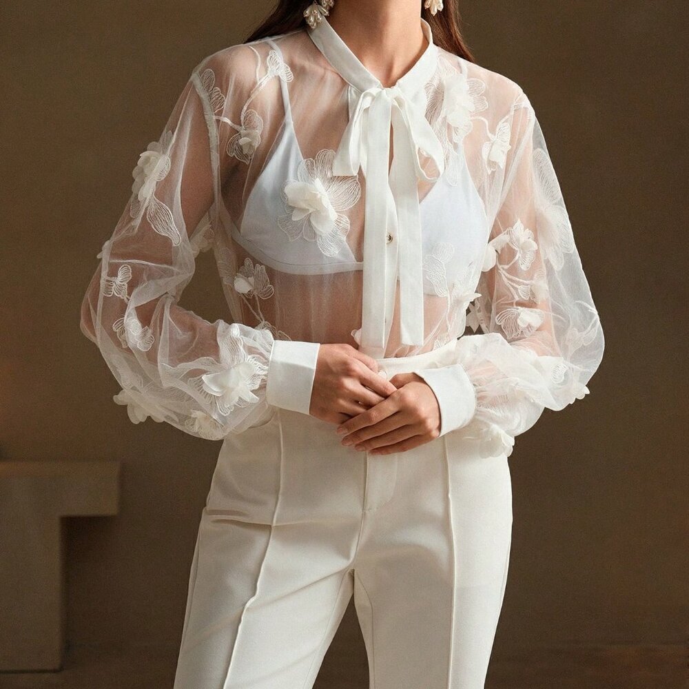 White Sexy Women's See-Through Embroidered Shirt - Picture 6 of 7